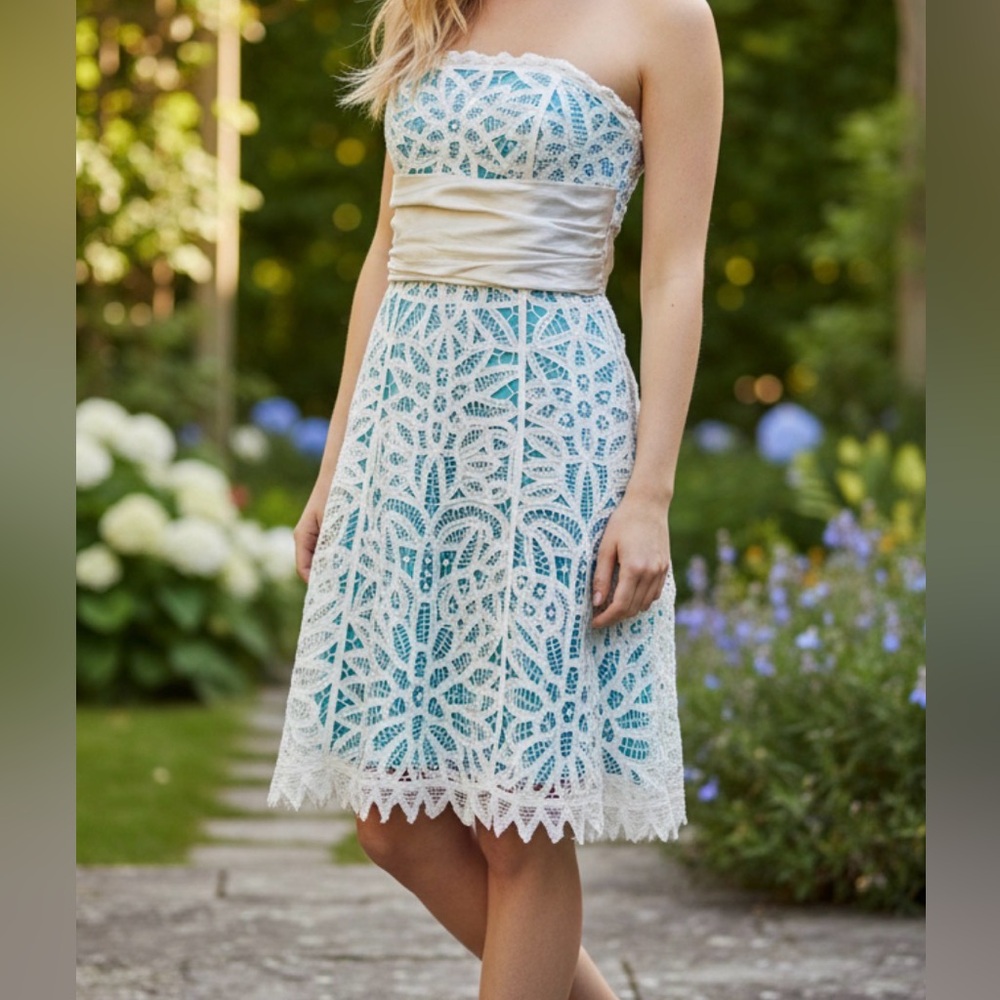 Vintage Betsey Johnson Strapless Cream Eyelet lace overlay-turquoise underlay